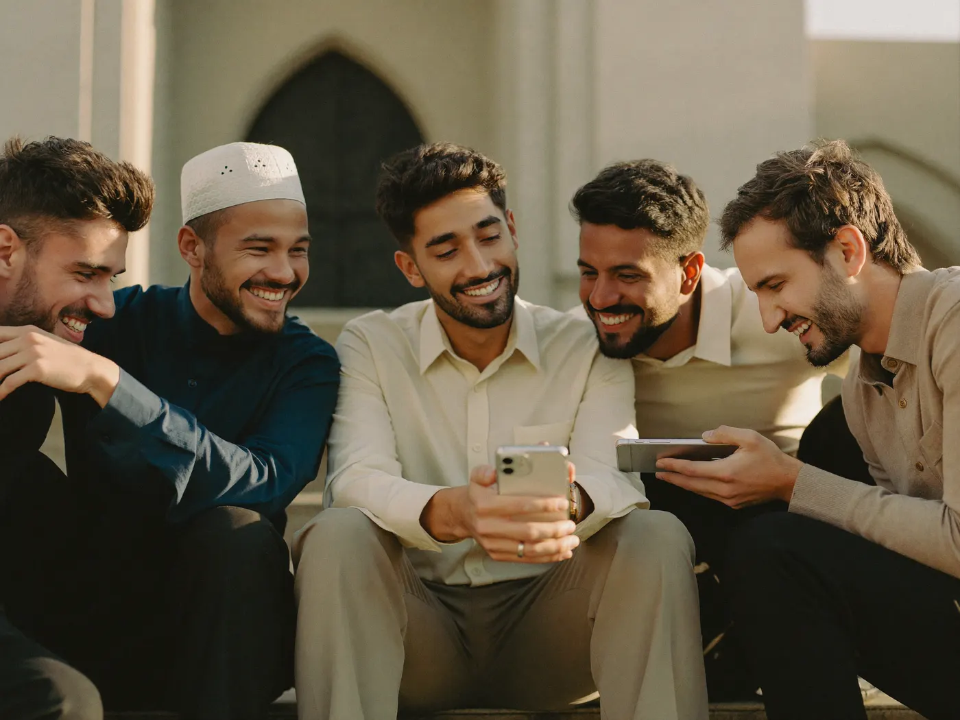 Five young men sitting on the steps of a mosque courtyard, leaning in and laughing at a phone.
