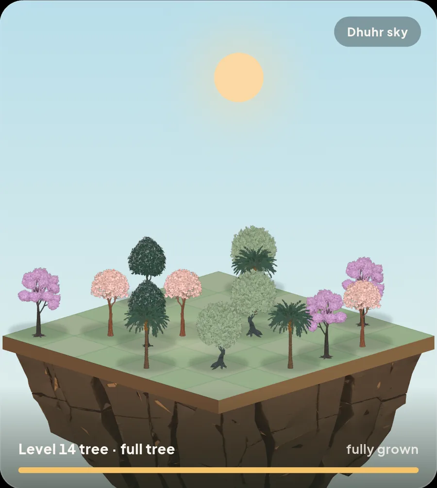 The Garden tab: a floating island under a midday sky, every tile in leaf with fourteen full-grown trees, the current tree a level 14 full tree, fully grown.