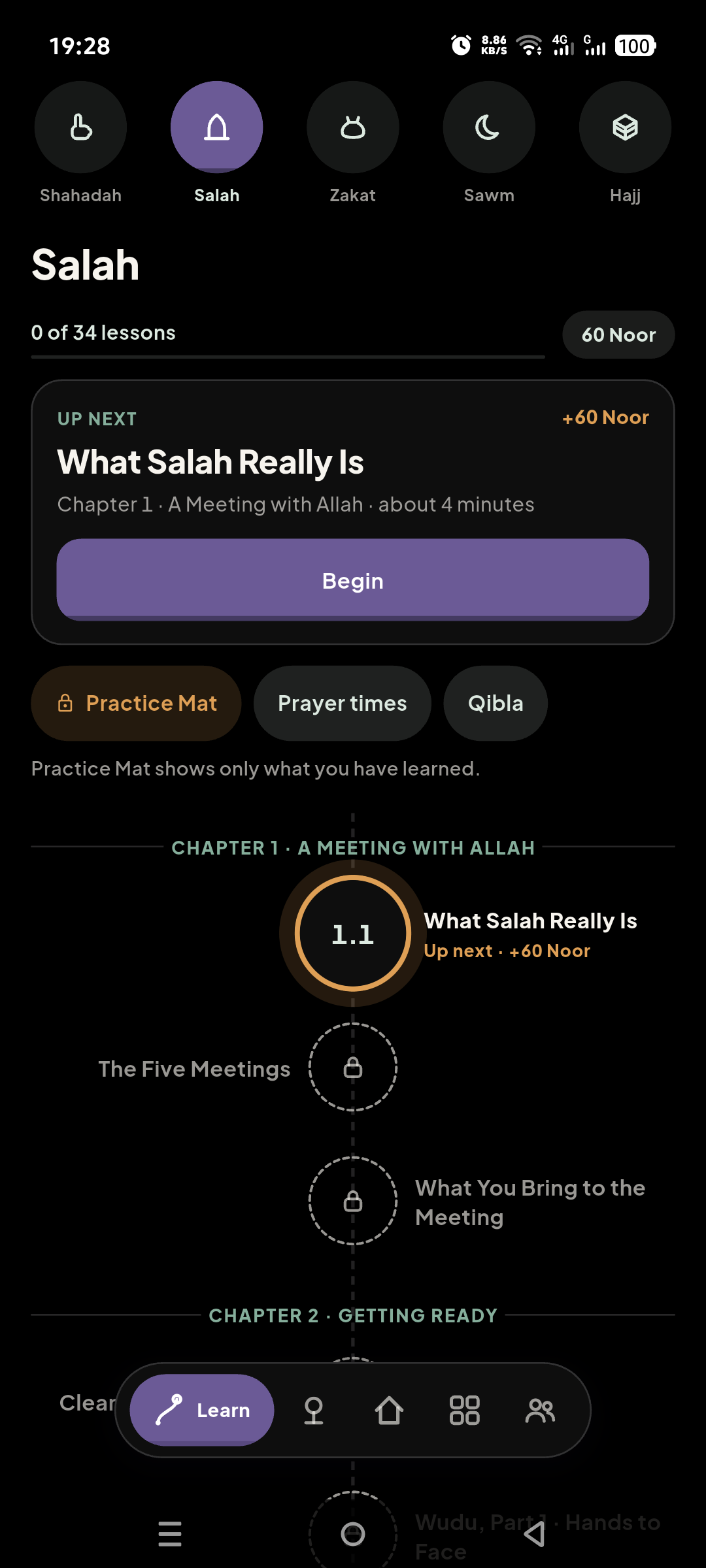 The Learn tab: five pillar icons across the top, the Salah track selected, an Up Next card for the first lesson, and the chapter trail below it with locked lessons waiting.