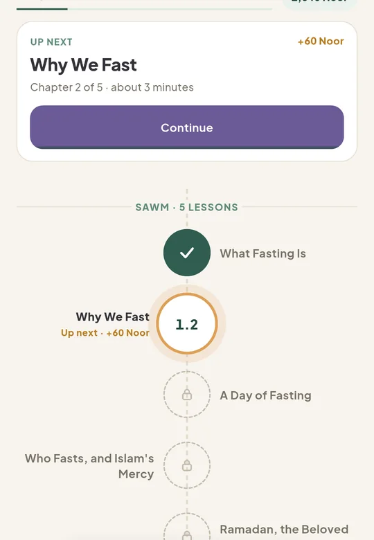 The Sawm track in the Learn tab: five lessons on the fast, the first complete and the second up next.