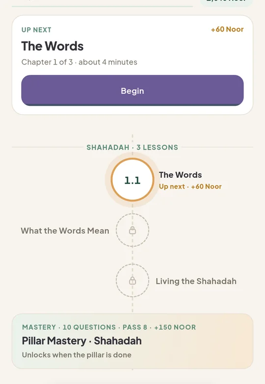 The Shahadah track in the Learn tab: three lessons on a trail, the first up next, and the pillar mastery test at the end.