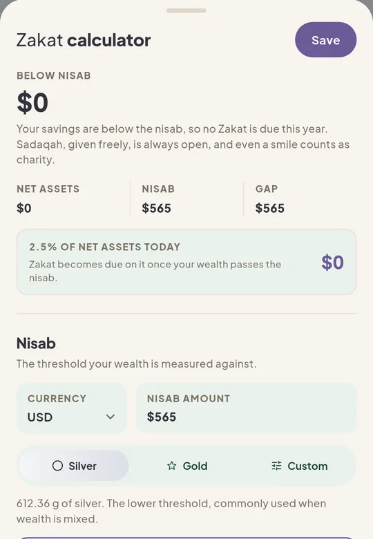 The Zakat calculator: net assets against the nisab, the 2.5 percent due, and the silver or gold threshold to measure by.